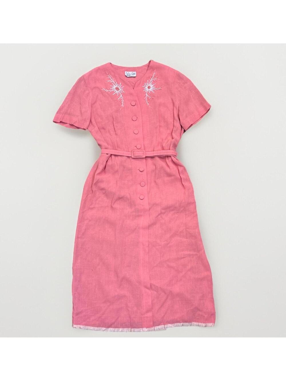 Vintage A Lady Petite Fashion Pink Embroidered Belted Midi/5